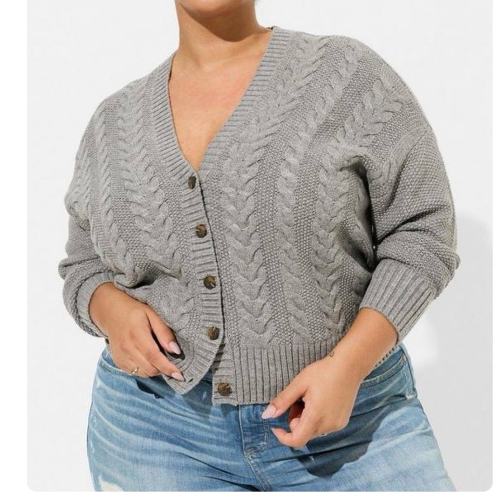 Torrid Gray Cable Cardigan V Neck Drop Shoulder Button Sweater‎ Size 3X